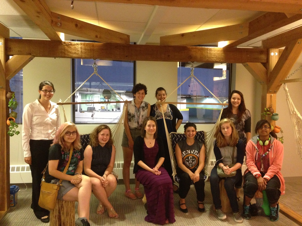 The group hangs out in the treehouse after a screening of Miss Representation alongside some women at Braintree. There was also falafel.